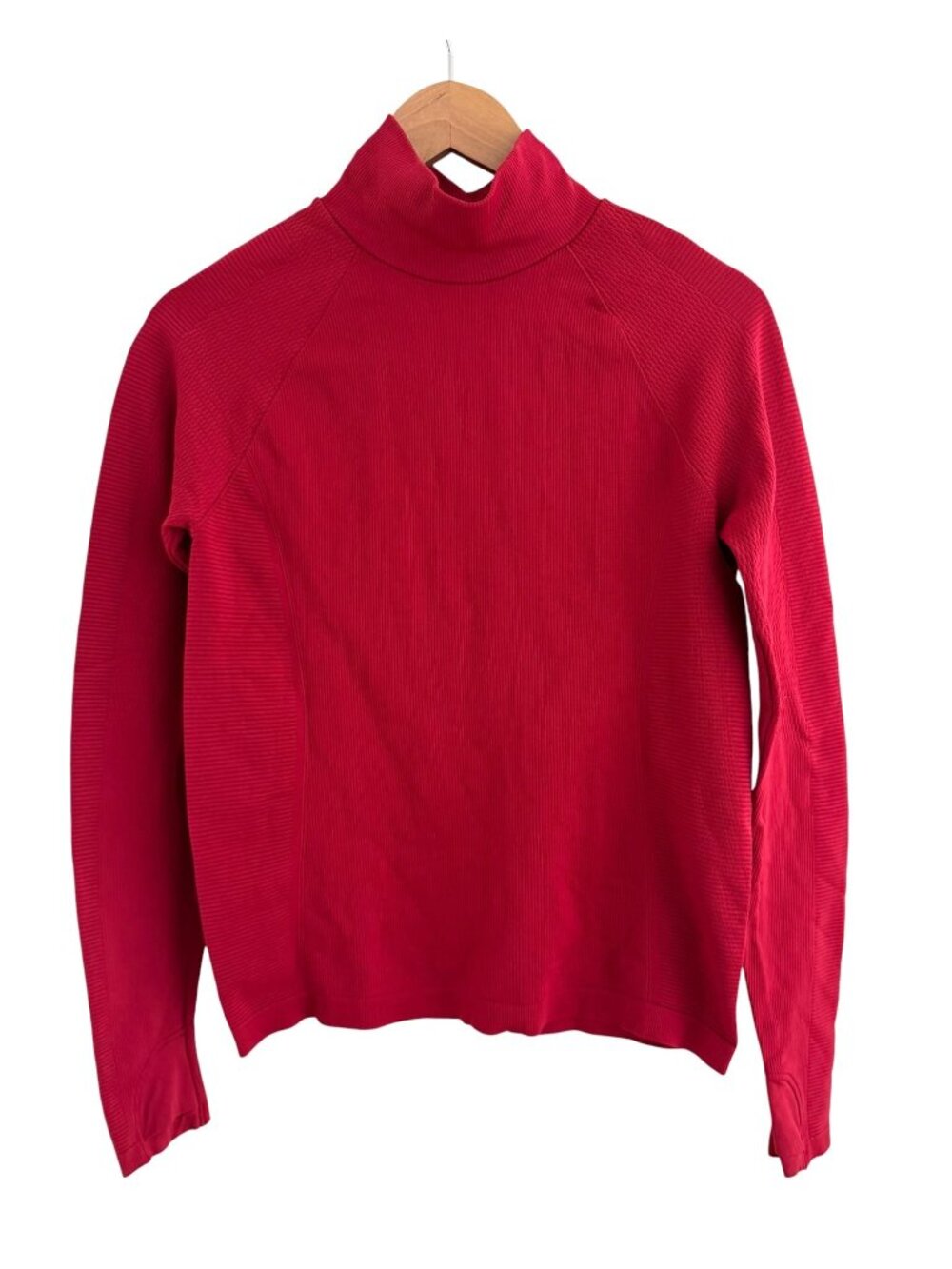 Athleta Red Ribbed Stretch Knit Mock Neck Long Sleeve Thumbholes Top Shirt M